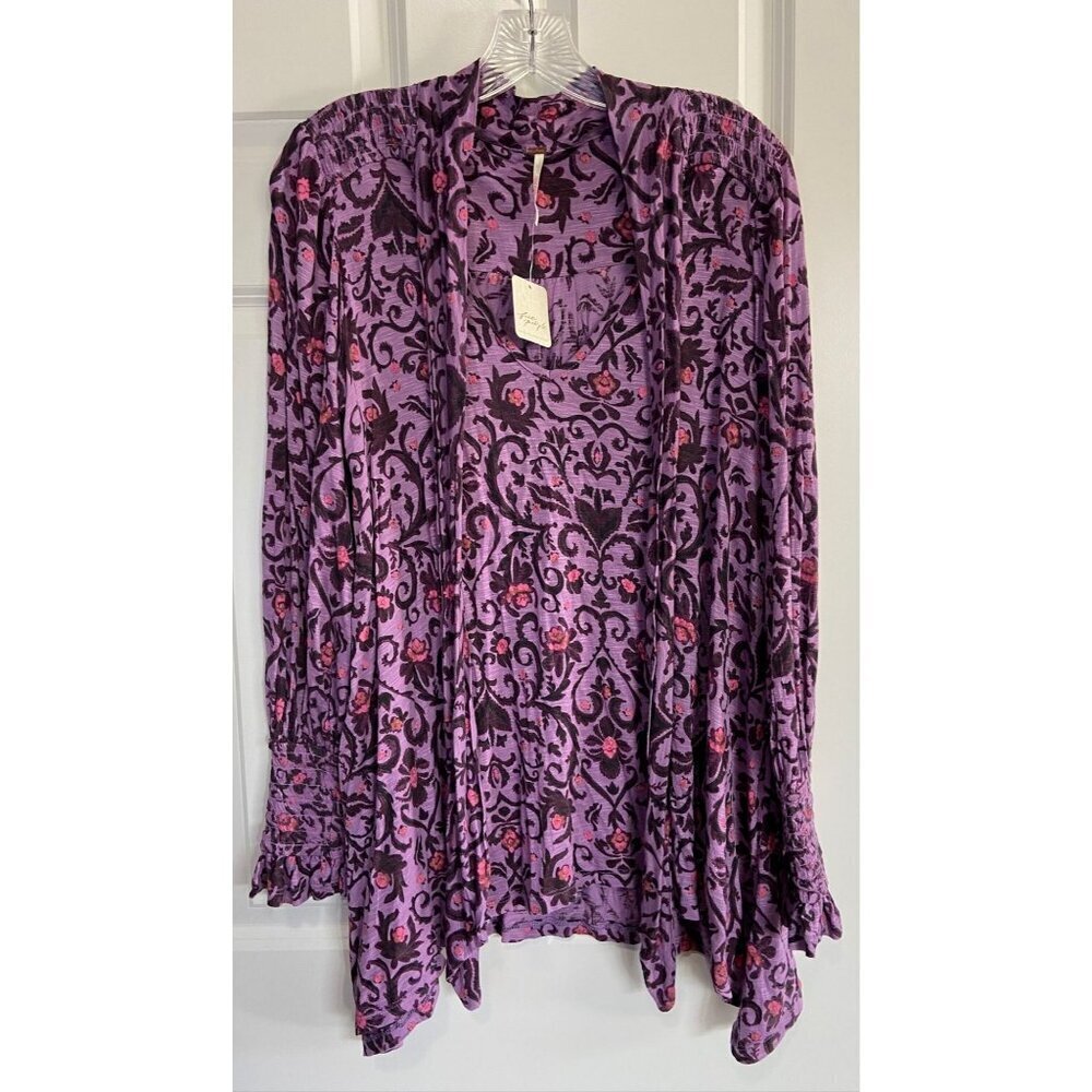 Free People Printed Bridgette Tunic Top Oversized Blouse Violet Rose Women's XS - Picture 2 of 8